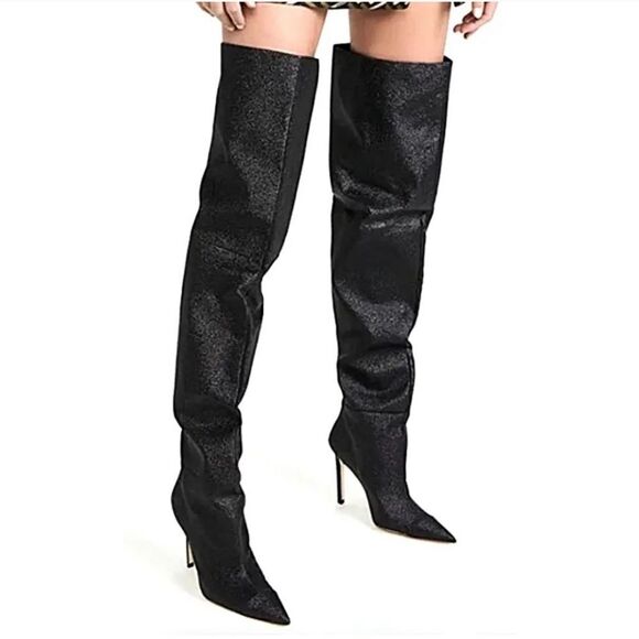 Good American Black Glitter Slouchy Over The Knee Stiletto Boots Size 7 - Picture 1 of 14